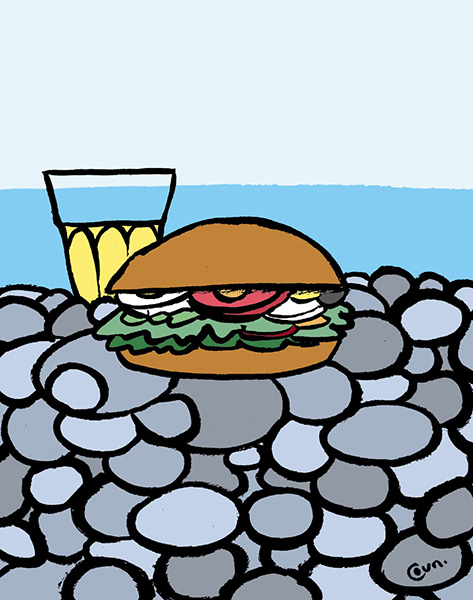 Illustration d'un pan bagnat et d'un verre de pastis sur la plage de Nice